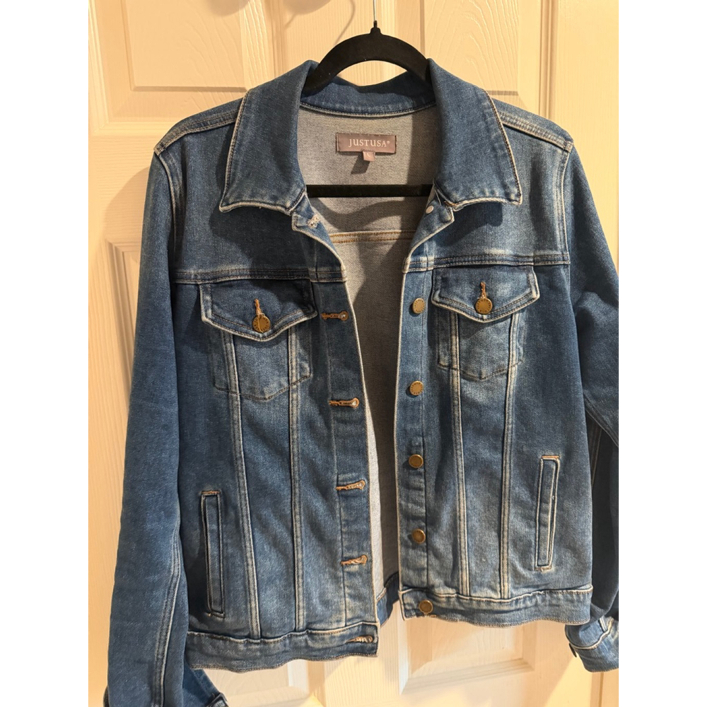 Women's JUSTUSA Blue Jean Jacket Size L with Brown Stitching